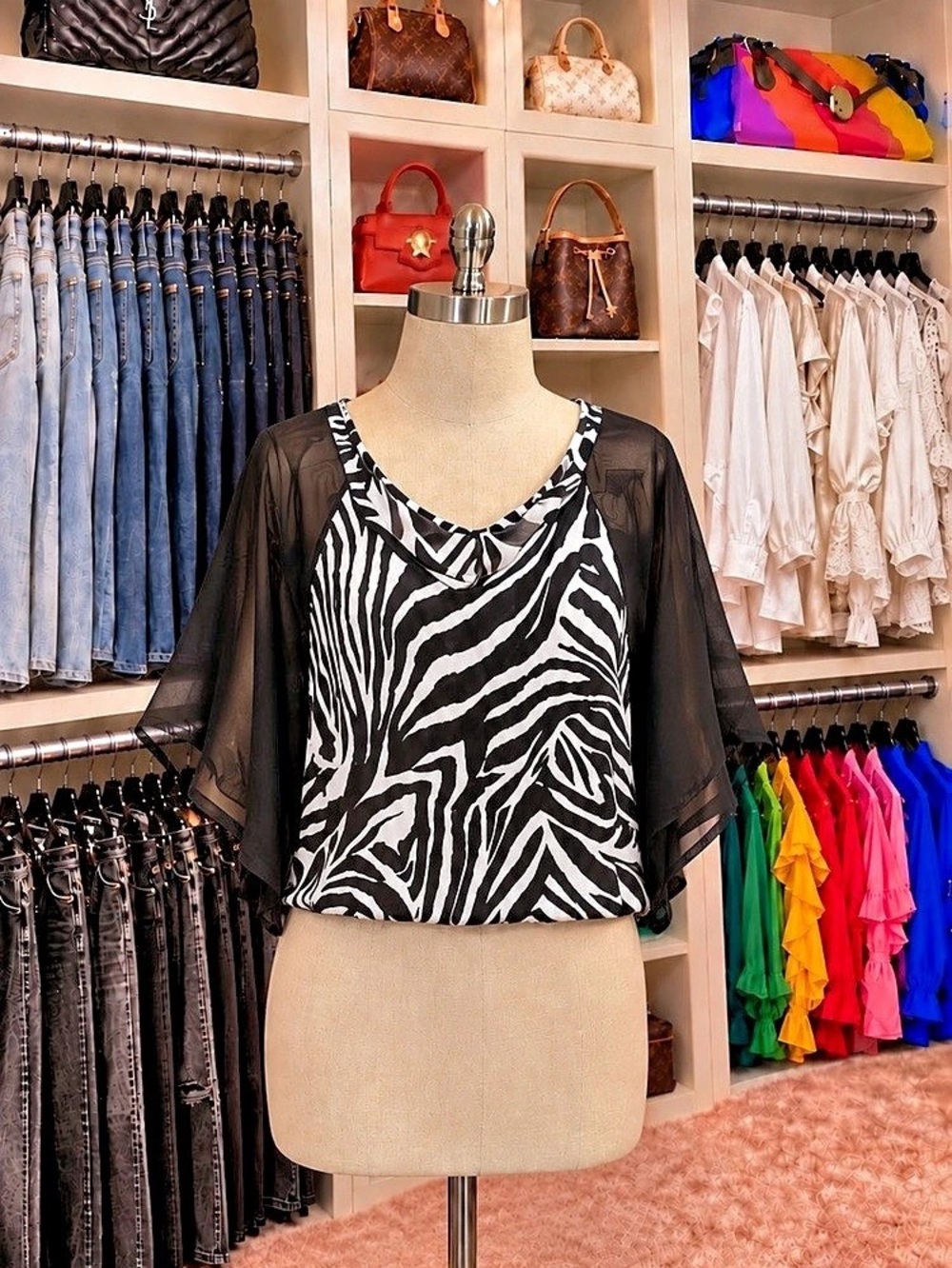 Zebra Print Sheer Sleeve Blouse in Black & White Like New